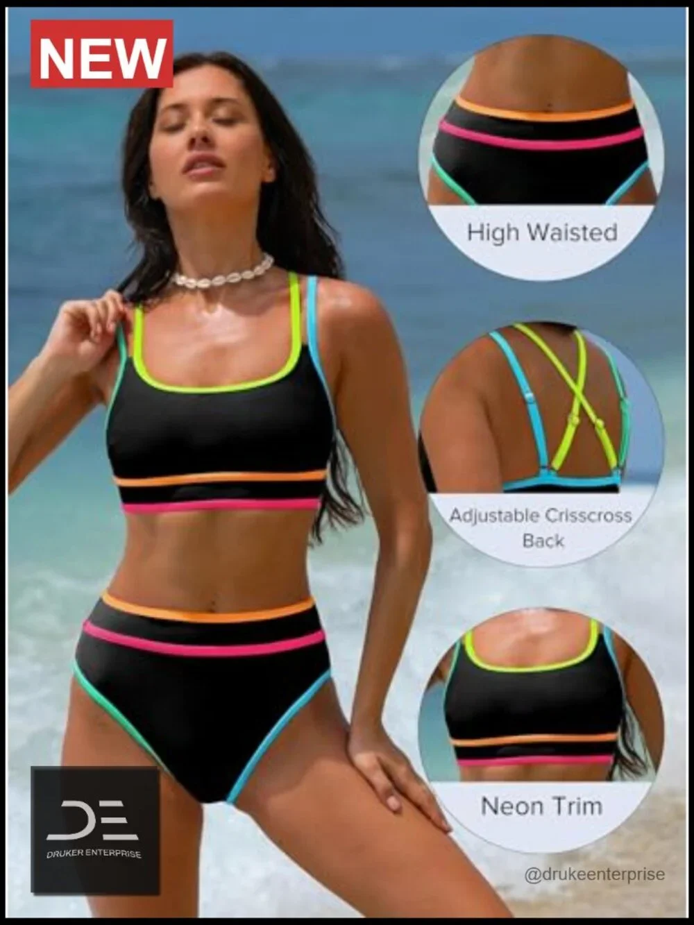 High Waisted Bikini Sets Neon Two Piece Swimsuit Sporty Adjustable Straps
